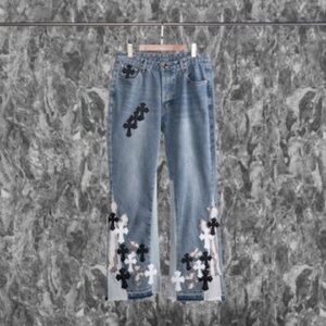 Stylish Blue Jeans with Black and White Embroidery